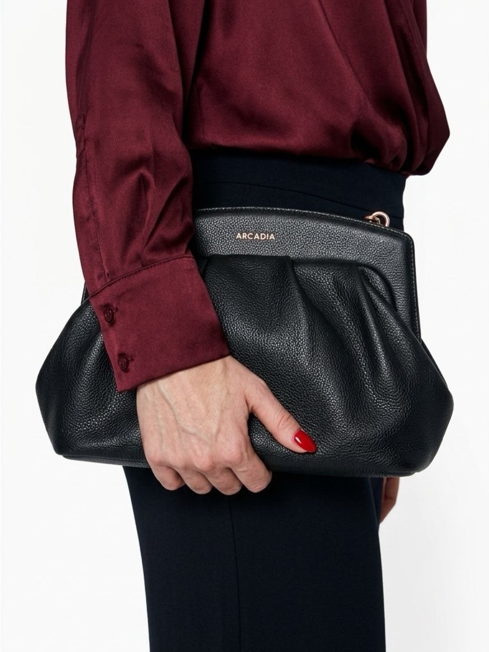 ARCADIA Black Pebble Leather Clutch Chain Shoulder Bag Made in Italy Women's